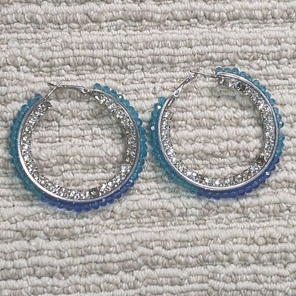 Women Blue Crystal Rhinestone Hoop Earrings Silver Tone Beaded Statement Fashi